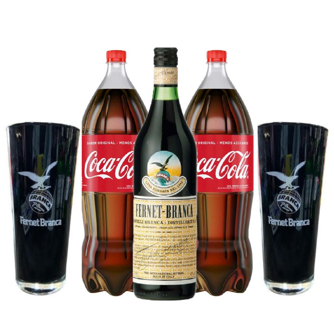 COMBO fernet branca litro+ 2 Cocas 2,25L+ 2 Vasos negros 